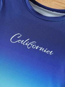 SHEIN Bộ áo thun tay ngắn in chữ gradient đơn giản cho bé trai và quần short - Màu xanh hải quân - Xem 4