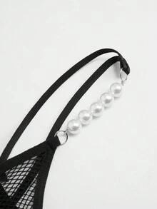 Lencería Sexy De Tanga De Red De Perlas Decorativas - Negro - Ver 3