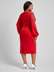SHEIN Lady Của phụ nữ Kích thước lớn Lưới Vòng cổ Bên Khe Đầm - Đỏ - Xem 2