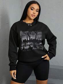 SHEIN EZwear Plus Letter Graphic Drop Shoulder Sweatshirt - Black - View 1
