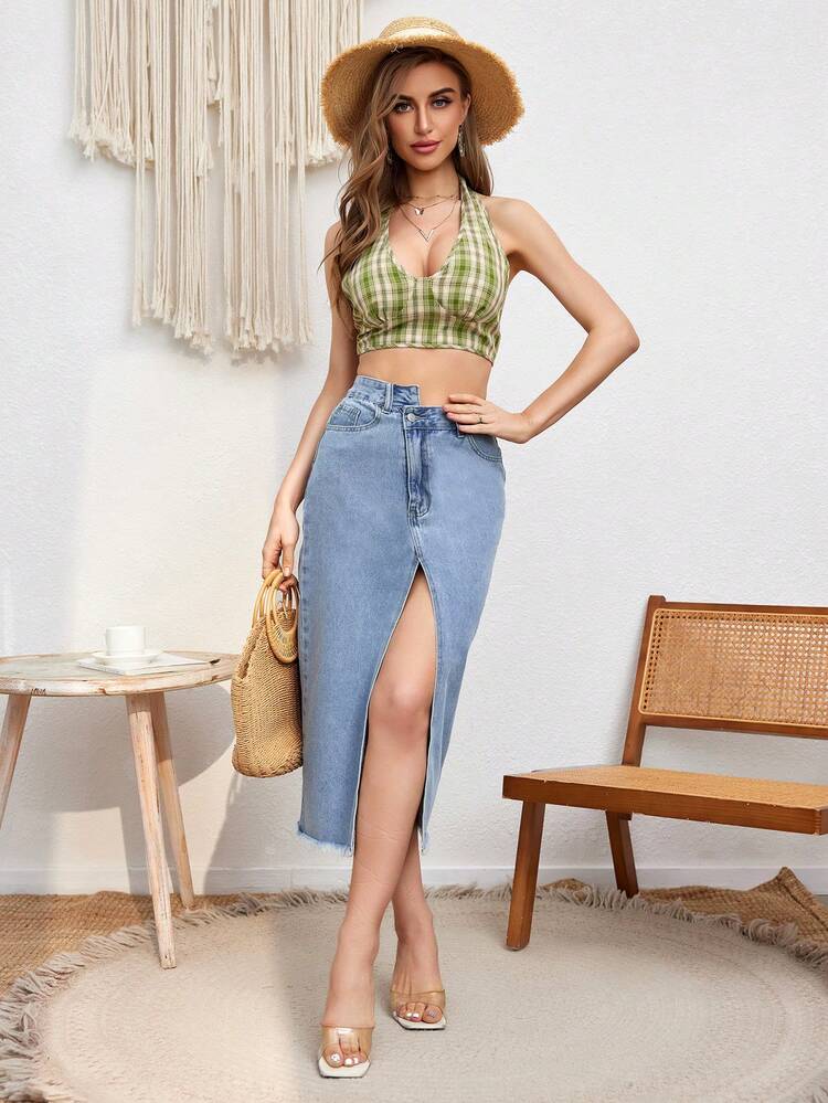 Women'S Frayed Hem Slit Denim Skirt