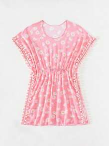 Tween Girls Daisy Embroidery Fuzzy Ball Decorated Cover Up Dress - Pink - View 5