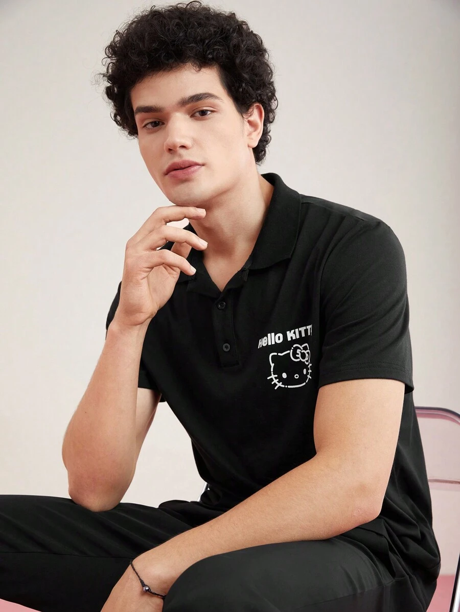 HELLO KITTY AND FRIENDS | SHEIN Men Letter & Cartoon Print Short Sleeve Polo Shirt - Black - View 1