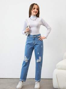 RueChic Teen Girls' Straight Leg Jeans With Ripped Details And Slanted Pockets - Blue - View 3