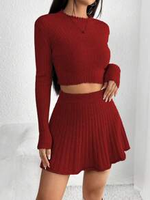 Lunelith SHEIN Lunessa 2 szt./zestaw Damski Przycięte Swetry I Spódnica z dzianiny