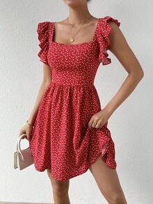 SHEIN WYWH 女款愛心印花後繫帶荷葉邊連身裙 - 紅色 - 查看 6