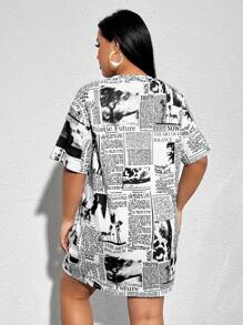 SHEIN EZwear 大码女式报纸印花宽松休闲圆领连衣裙，夏季 - 黑與白 - 查看 2