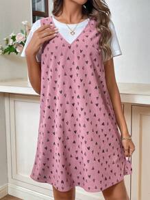 SHEIN LUNE Valentine's Day Heart Print Ladies' Dress - Dusty Pink - View 3