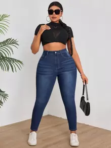 SHEIN Essnce Plus Size Women's Slim Fit Jeans - Dark Wash - View 6