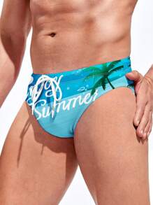 Men's Coconut Tree Printed Drawstring Swim Trunks - Black - View 3