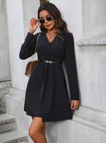 SHEIN Clasi Women's Solid Color Wrap Dress - Black - View 1