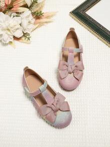 秋冬季女童甜美多用途公主休閒平底鞋,可愛蝴蝶結設計,適用於搭配裙子表演,粉色