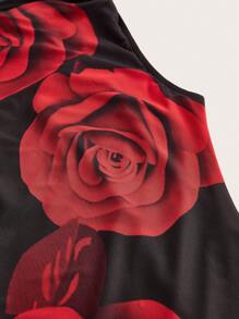 SHEIN Unity 女性大尺碼浪漫玫瑰印花飄帶領口連衣裙 - 黑色 - 查看 3