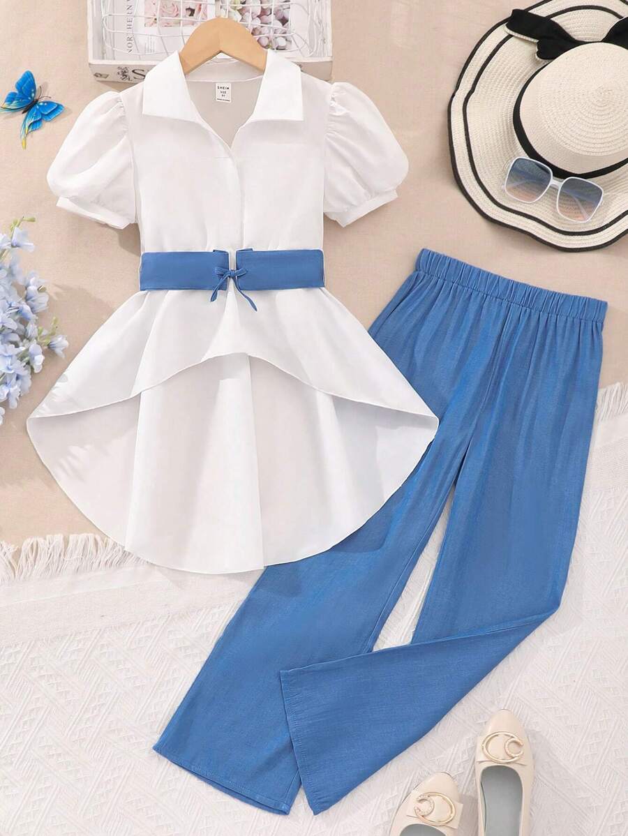 Tween Girls' Bubble Short Sleeve High-Low Shirt And Pants Set - White - View 1
