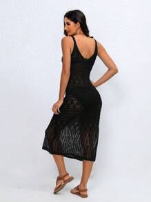 SHEIN Swim Summer Beach Ladies' Hollow Out Knitted Dress Cover Up - Black - View 2