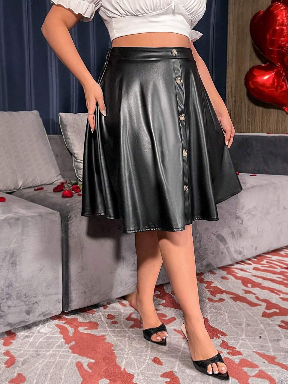Plus Size Front Button Pu Leather Skirt