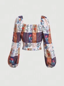 SHEIN MOD 女款花卉印花燈籠袖襯衫,正面繫結,心形領口 - 彩色 - 查看 2