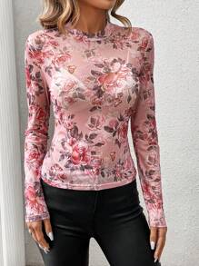 SHEIN LUNE 女款花卉印花透明網眼上衣 - 粉色 - 查看 7