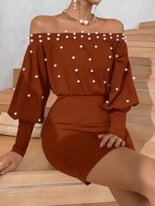 SHEIN Privé 女士修身露肩珍珠裝飾身體包身裙,腰部束腰設計 - 鏽棕色 - 查看 5