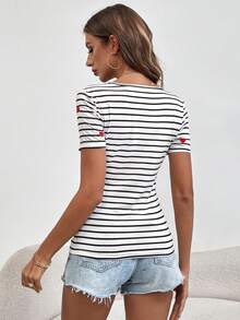 SHEIN LUNE Women Romantic Valentine's Day Red Heart Embroidery Striped Square Neck Short Sleeve T-Shirt - Black and White - View 2