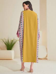 Al Najma Contrast Print Batwing Sleeve Notched Neck Kaftan Dress - Yellow - View 2