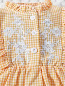 SHEIN Em bé Cô gái Giải trí Thanh lịch Vintage Thêu hoa Vàng & Trắng Kẻ sọc Đứng cổ áo Đầm Cho mùa xuân Và Mùa hè , Thích hợp - trái cam - Xem 4