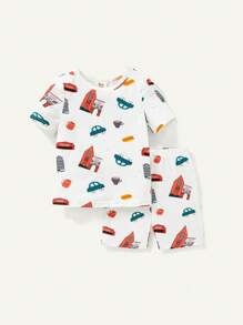 Cozy Pixies Baby Boy Snug-Fit Pajamas With Car Pattern Rounded Neck Short Sleeve Top And Short Set - Orange - View 7
