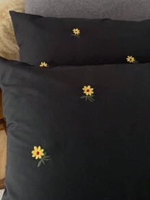 Bộ 3 món, 100% Polyester, Bộ ga trải giường thêu hoa trang nhã (Không bao gồm chăn bông, gồm 1 ga trải giường và 2 vỏ gối), Bộ chăn ga gối hiện đại bằng polyester phù hợp cho mọi mùa. - màu đen - Xem 2