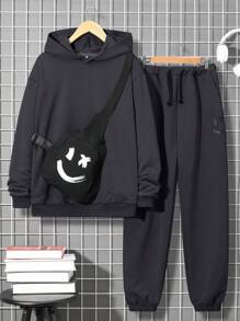 SHEIN 少年男孩休閒舒適帶帽連帽衫和運動長褲套裝及印花背包 - 灰色 - 查看 1