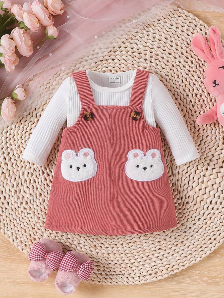 SHEIN 嬰兒女兔子刺繡背帶裙與純色T卹套裝 - 彩色 - 查看 1
