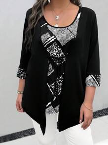 EMERY ROSE 大码女式休闲拼接印花宽松长袖T恤，秋季图案T恤，春季女式上衣 - 彩色 - 查看 3