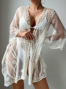 SHEIN Swim Boda Tipo Kimono Abierta Con Parte Delantera Ahuecada Bordada - Beis - Ver 3