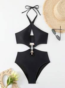 Swim SXY Solid Color Halter One-Piece Swimsuit With Hollow Out Detail Music Festival Summer - Black - View 7