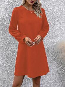 SHEIN Clasi 純色中空燈籠袖連衣裙 - 橘色 - 查看 6