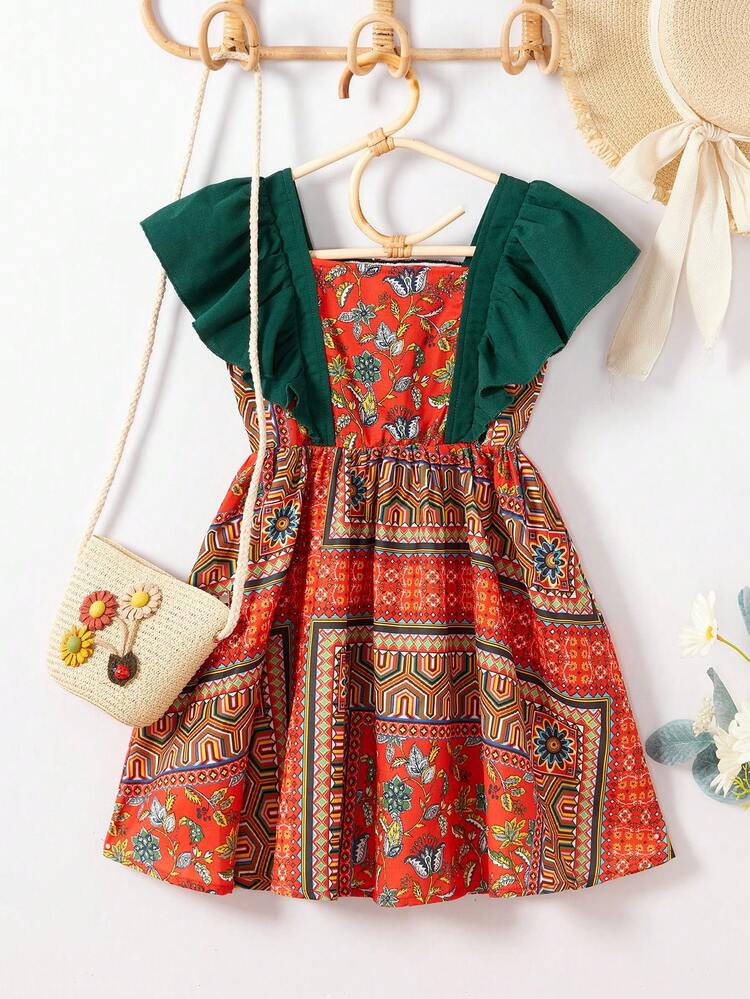 Young Girl's Square Neckline Ruffle Sleeve Back Pleated Vintage Print Color Block Dress