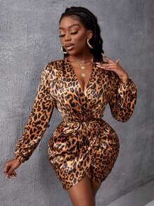 Slaydiva Rochie de damă cu imprimeu leopard cu decolteu