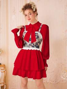 SHEIN MOD 女用蝴蝶結裝飾燈籠袖襯衫連身裙 - 紅色 - 查看 2