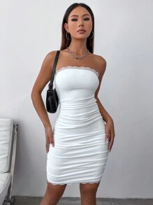 Flirla Patchwork Spitze Trägerloses Bodycon Falten-kleid - Weiss - Übersicht 6