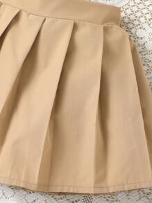 SHEIN 少女款2入組純色翻領無袖背心和百褶裙套裝，適合度假、夏季