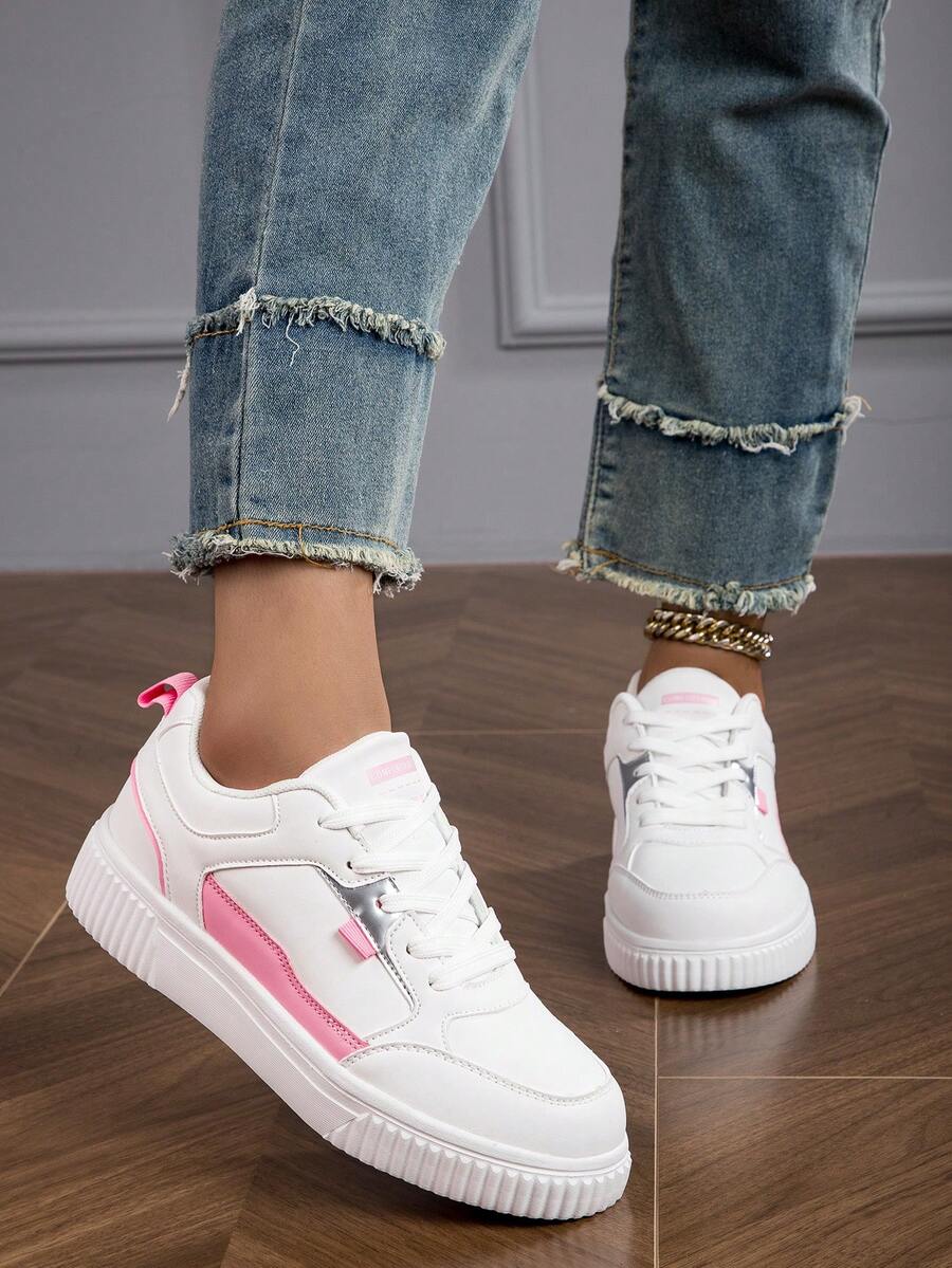 女性時尚白色和粉色舒適系帶運動鞋,輕量化運動鞋 - 白色 - 查看 1