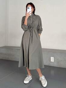 DAZY Women'S Solid Color Drawstring Waist Dress - Green - View 6