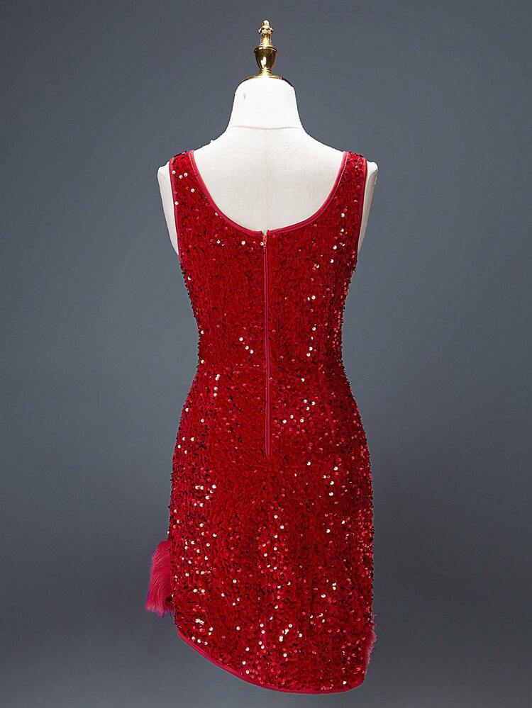 Teen Girls' Plush Hemline Sleeveless Square Neckline Fitted Party Dress, Suitable For Evening Party, Birthday Party, Fall/winter