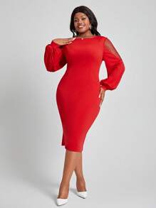 SHEIN Lady Của phụ nữ Kích thước lớn Lưới Vòng cổ Bên Khe Đầm - Đỏ - Xem 5