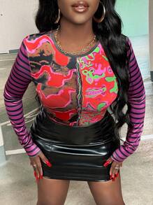 Slaydiva Thermal Transfer Printed Patchwork Striped T-Shirt - Multicolor - View 1