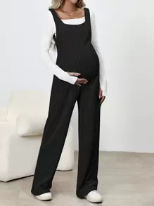 SHEIN 孕婦純色羅紋針織連身褲