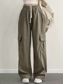 DAZY 女式抽绳腰斜口袋裤子 - 軍綠色 - 查看 5