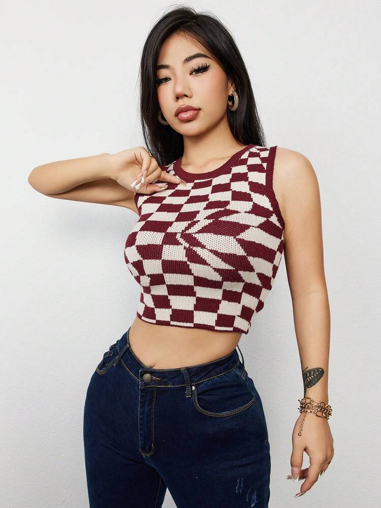 Geometric Pattern Cropped Knitted Vest