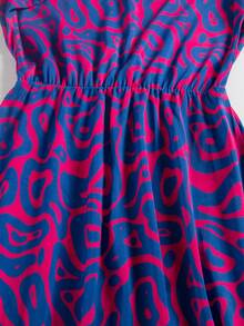 大码长袖圆领束腰花卉印花连衣裙 - 紫色 - 查看 4