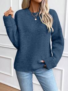 SHEIN Essnce Ladies' Solid Color Drop Shoulder Sweater - Navy Blue - View 7