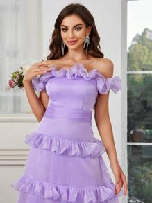 SHEIN Belle Vestido De Noche Sedoso De Mujer Con Hombros Descubiertos, Adorno De Volantes De Capas Múltiples Con Lentejuelas - Púrpura malva - Ver 6